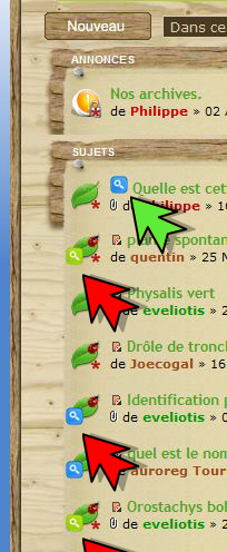 La liste des sujets avec l'emplacement de l'attribut (flèche verte) et l'ancien emplacement des icônes de sujet (flèche rouge)