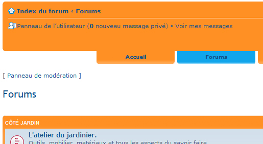 Onglet "Forums" de couleur bleue.